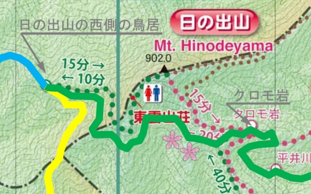 日の出山周辺の徒歩道の分岐点の地図